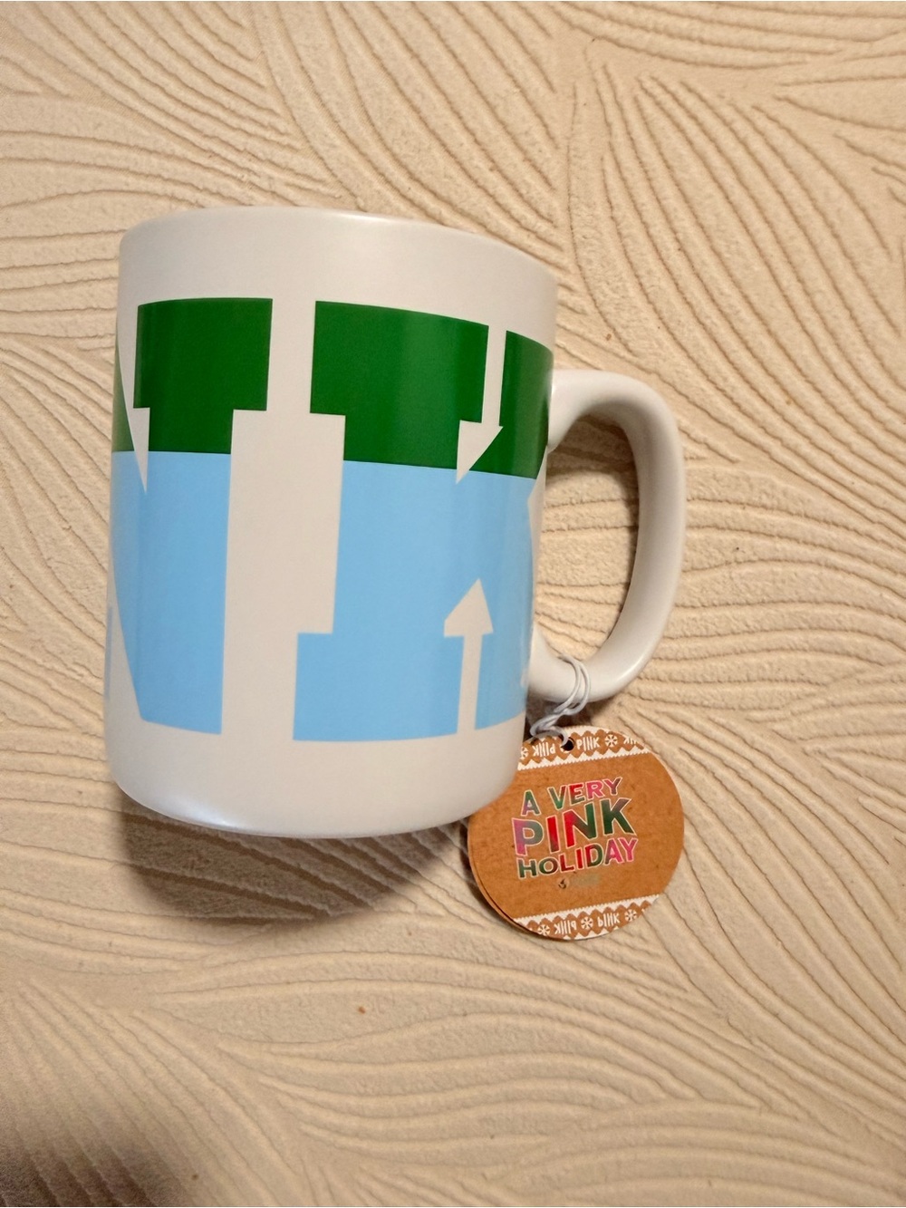 Victoria’s Secret large White Ceramic Mug with Green & Light Blue Graphics